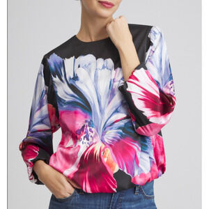 Chicos Size 0 US 4 BOLD Floral Bubble‎ Hem Top Lined Satin Balloon Sleeve Small